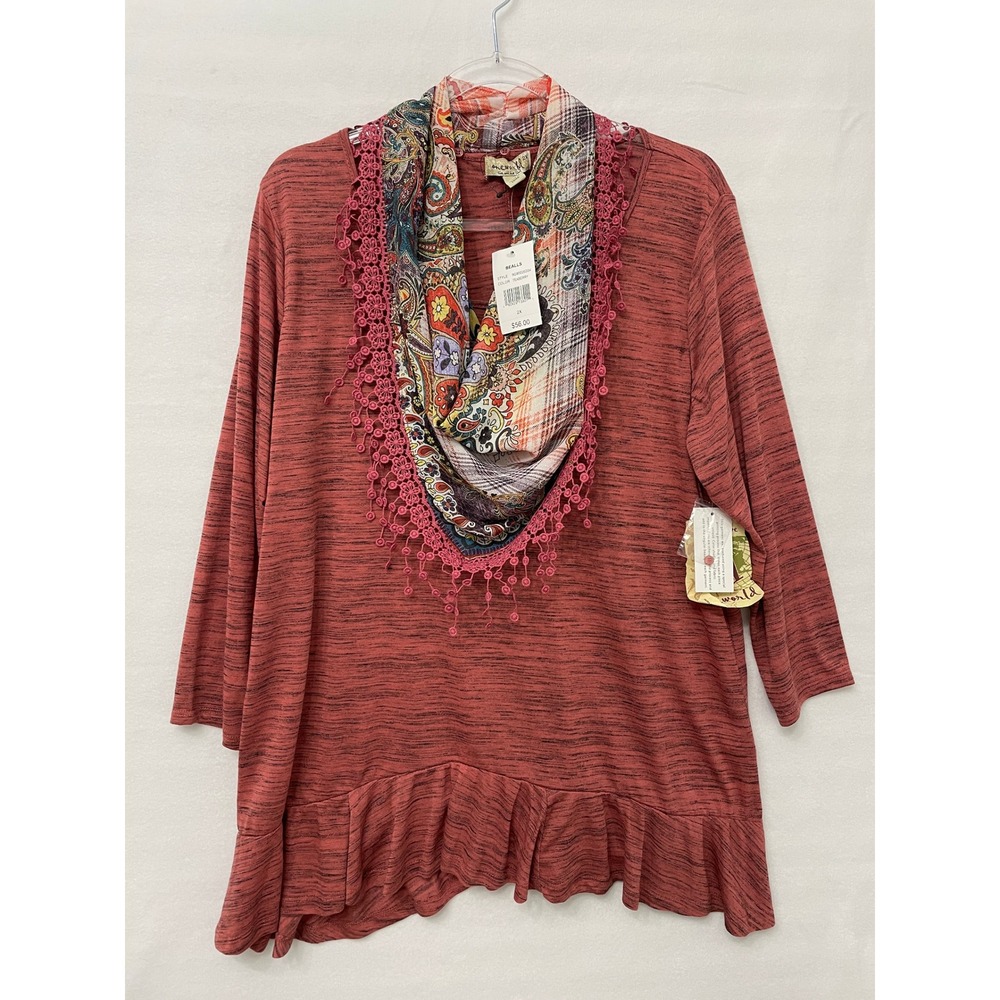 NWT One World Blouse Size 2X Pink Multi Paisley Scarf Ruffle Hem Boho Casual